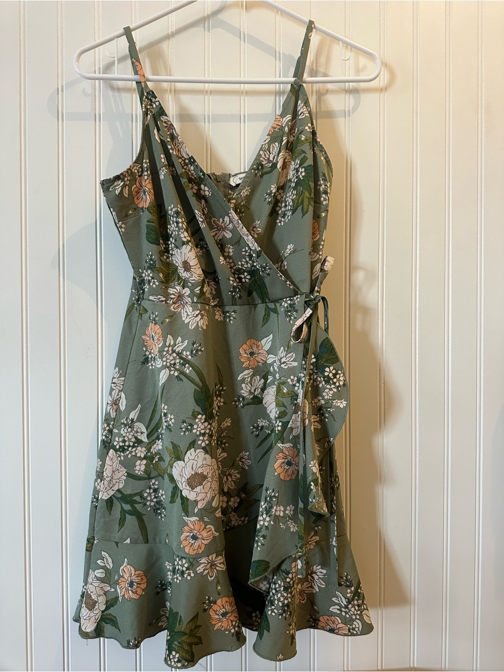 Speechless Floral Wrap Midi Dress in Sage Green and Peach